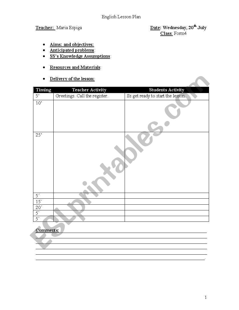Blank lesson plan format worksheet