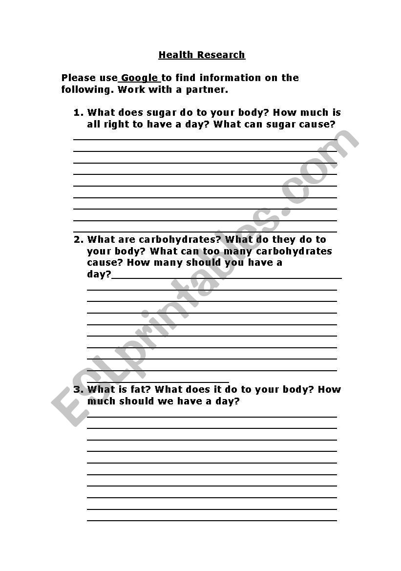 Health Research worksheet