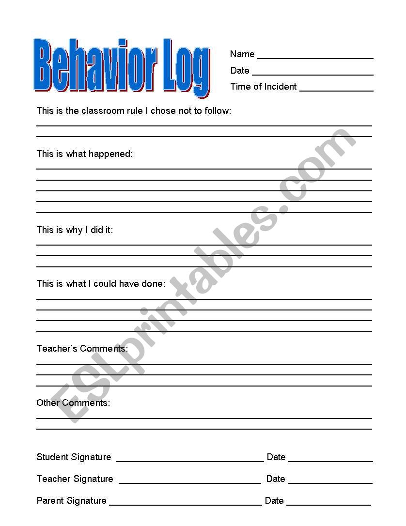 Behavior Log worksheet