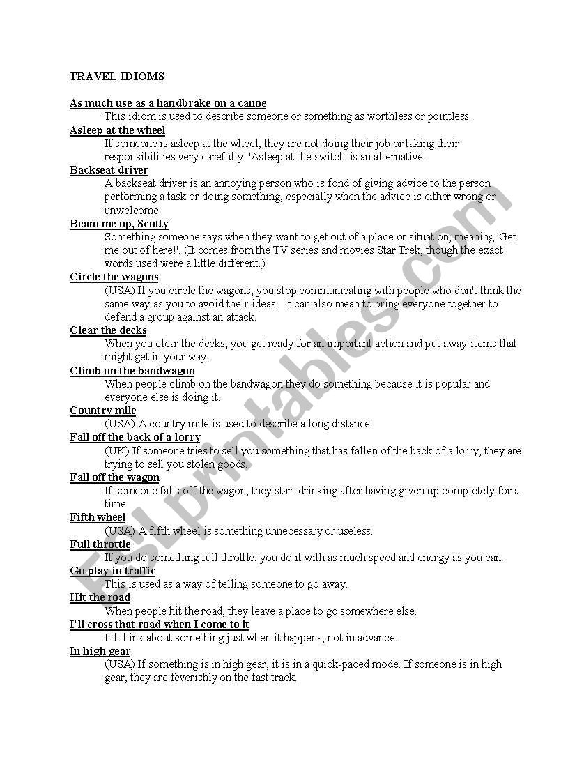 Travel Idioms worksheet