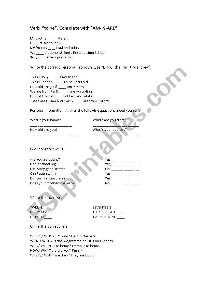 To be and numbers worksheet