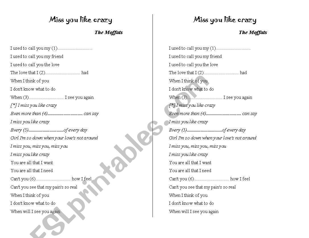 Miss you like crazy - Moffat worksheet