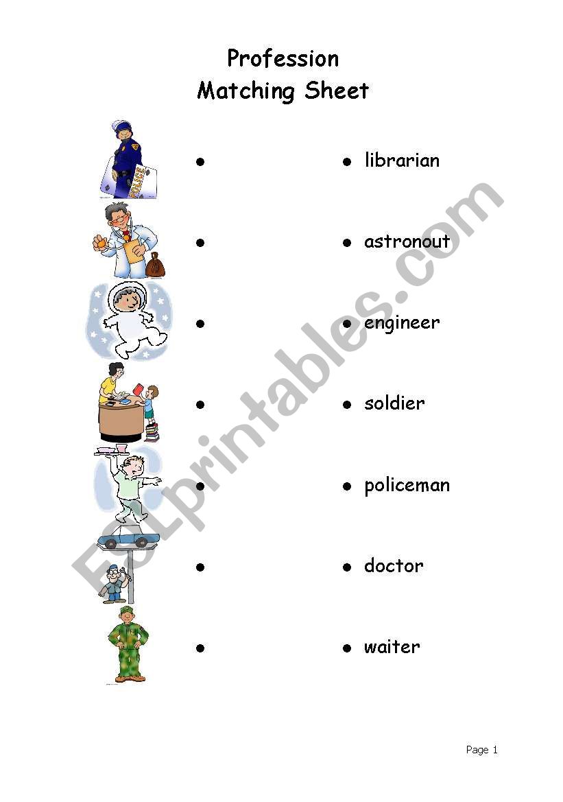 profession matching sheet worksheet