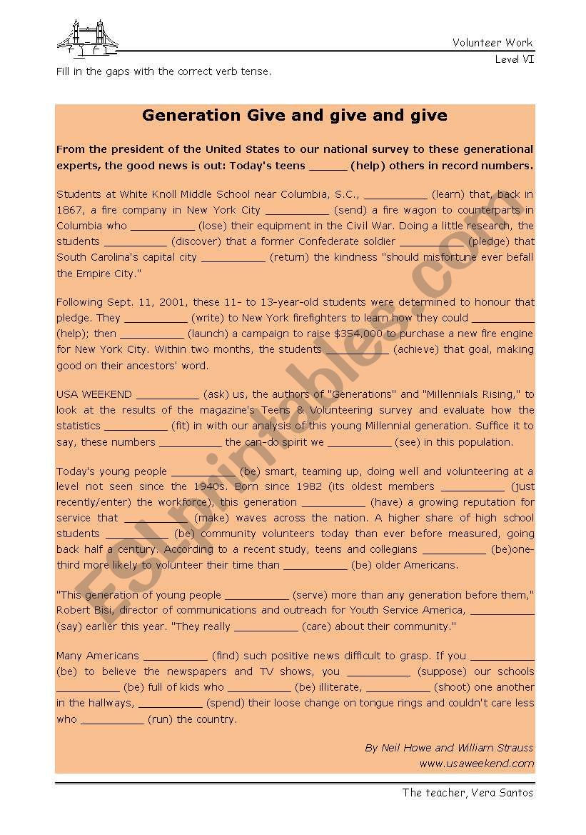 Volunteer Work - verb tenses - gap filling 2
