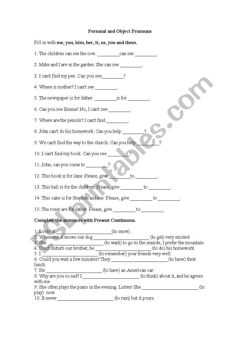 personal objects worksheet