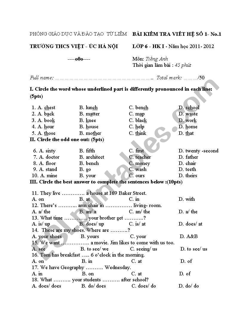 test 45- grade 6 worksheet