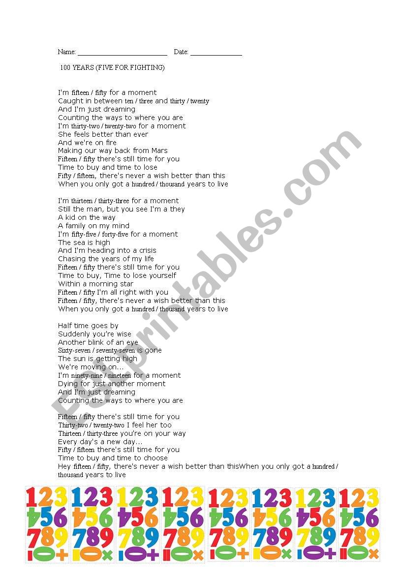 Numbers song worksheet