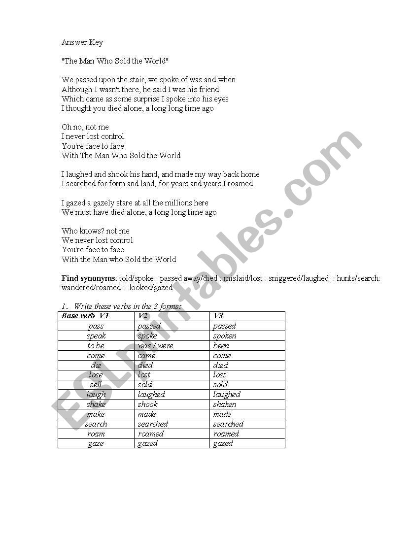 Song The man who sold the world worksheet