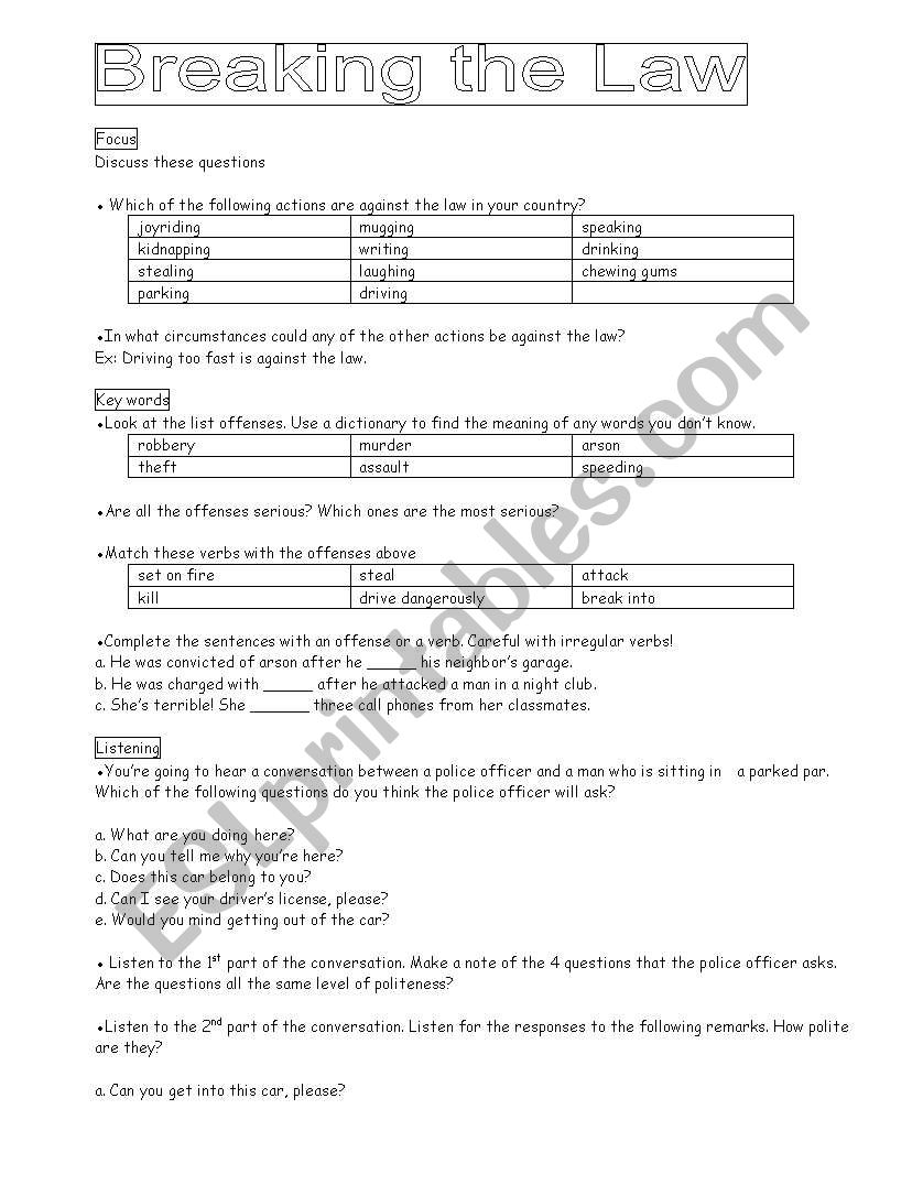 breaking the law worksheet