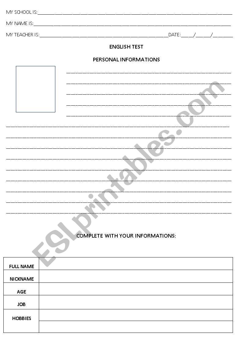 personal information worksheet