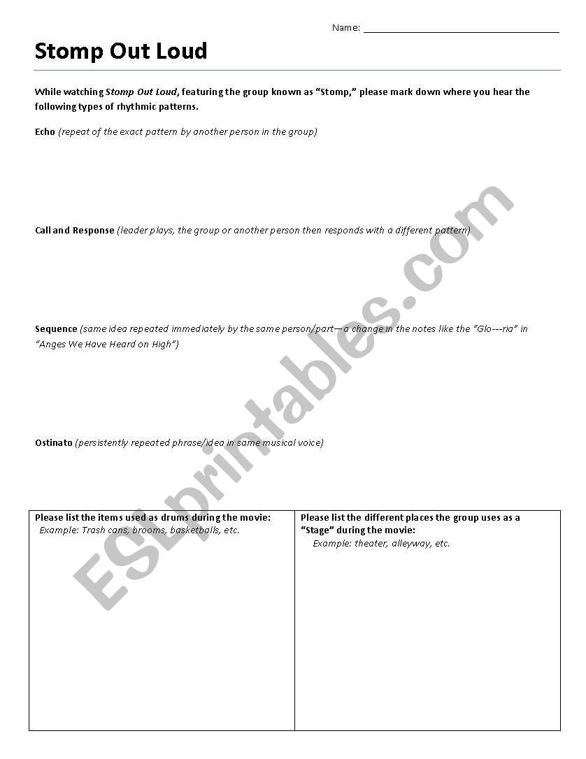 Stomp Out Loud Accompaniment Worksheet