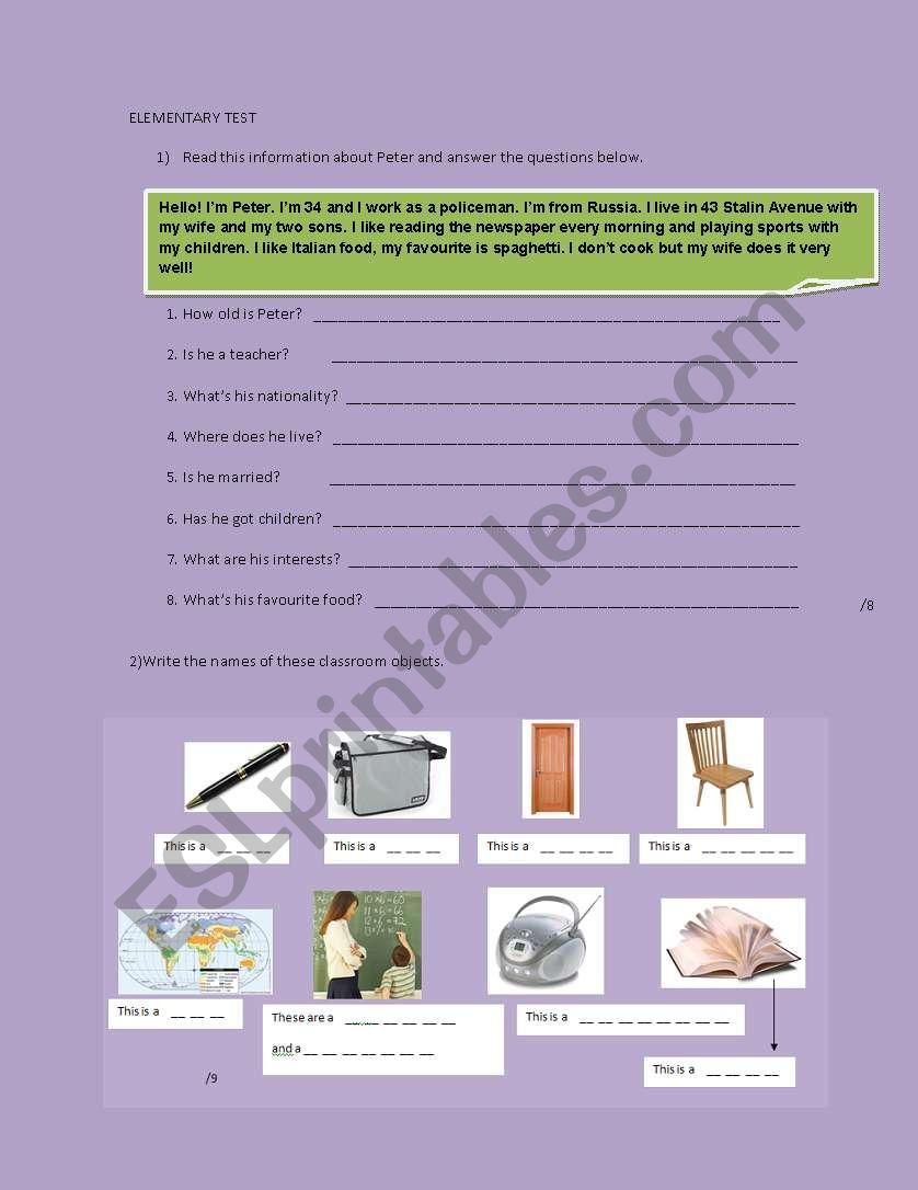 elementary test worksheet