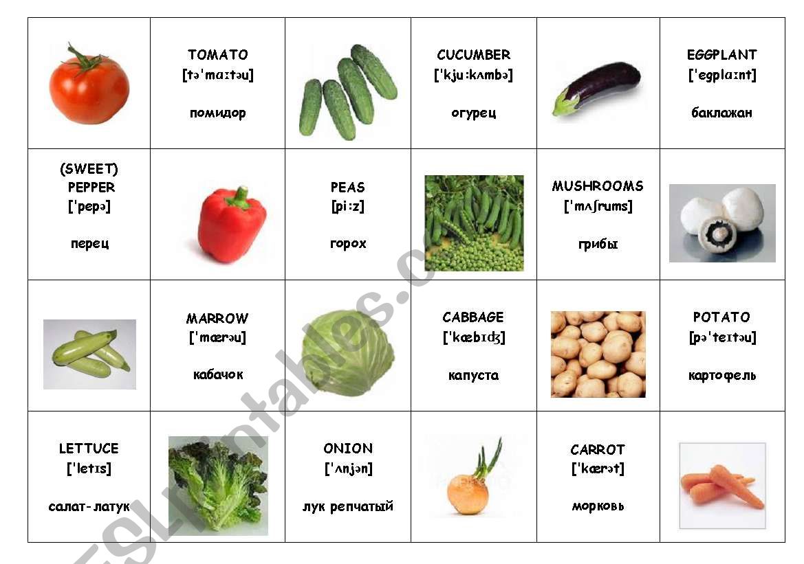 Vegetables flashcards worksheet