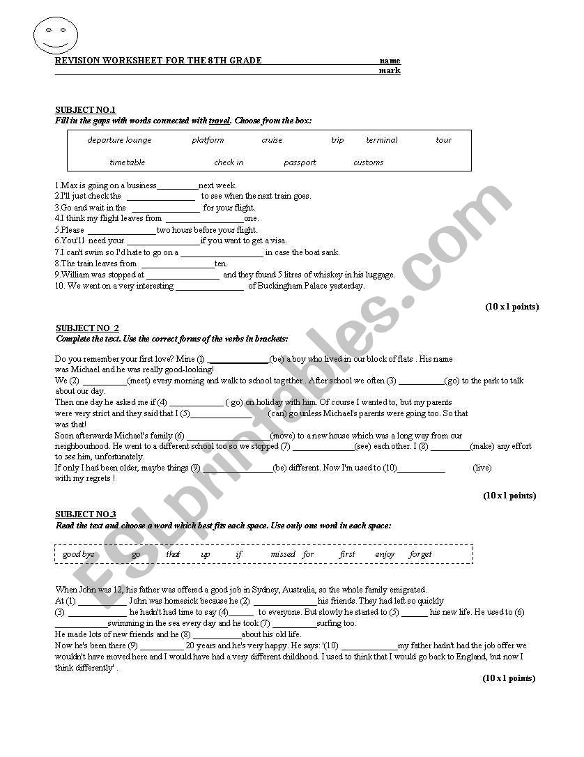 Revision worksheet for the 8th grade