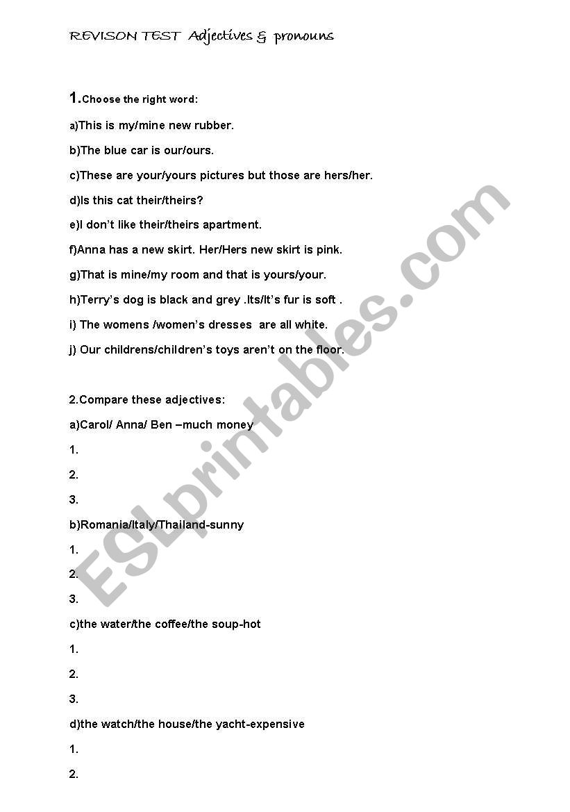 Revising adjectives &pronouns worksheet