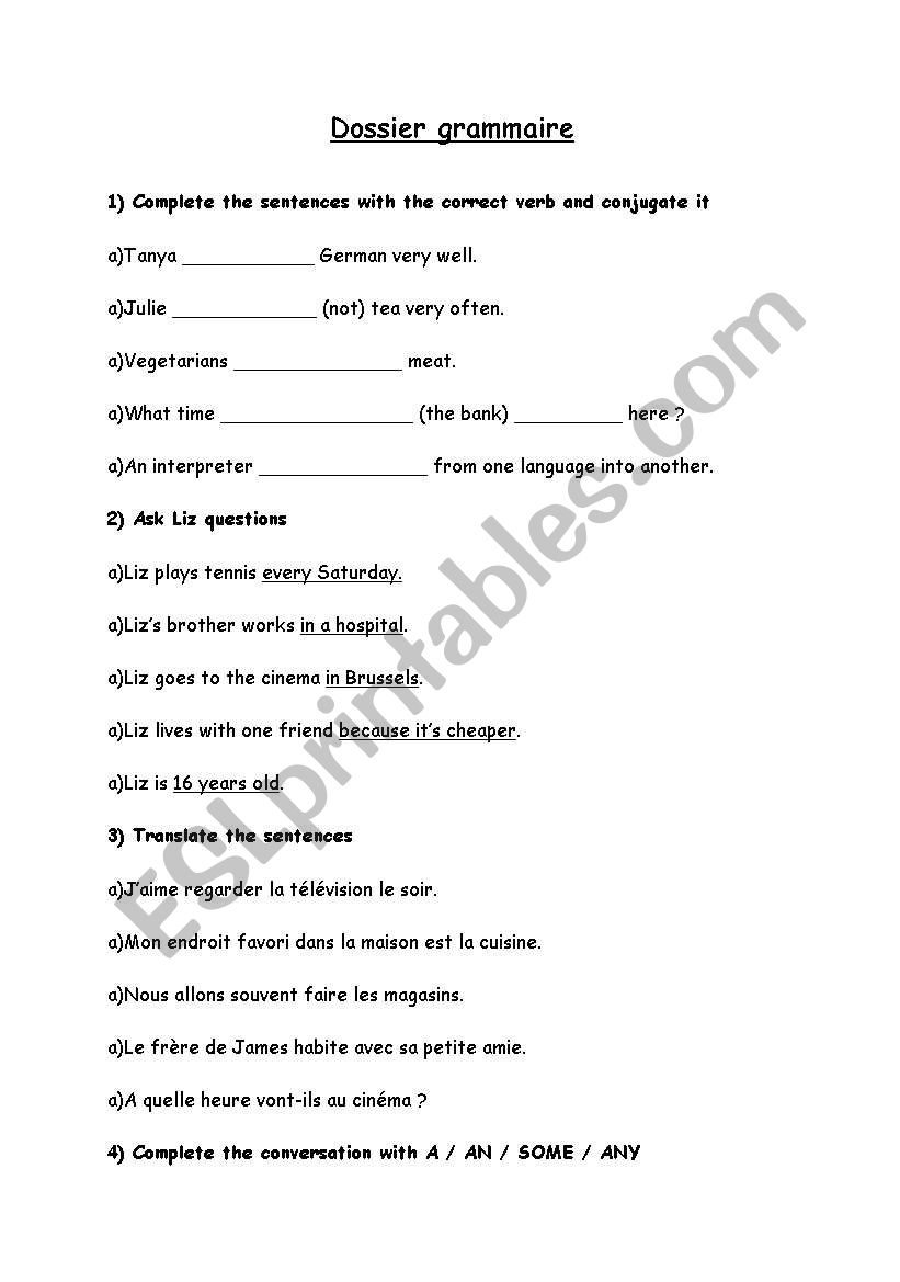 Grammar 1st year elementary worksheet