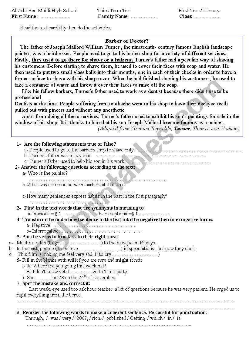 1st year lit test worksheet