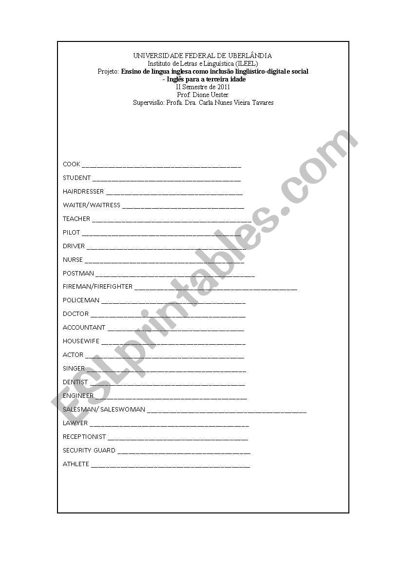 exercise about jobs  worksheet