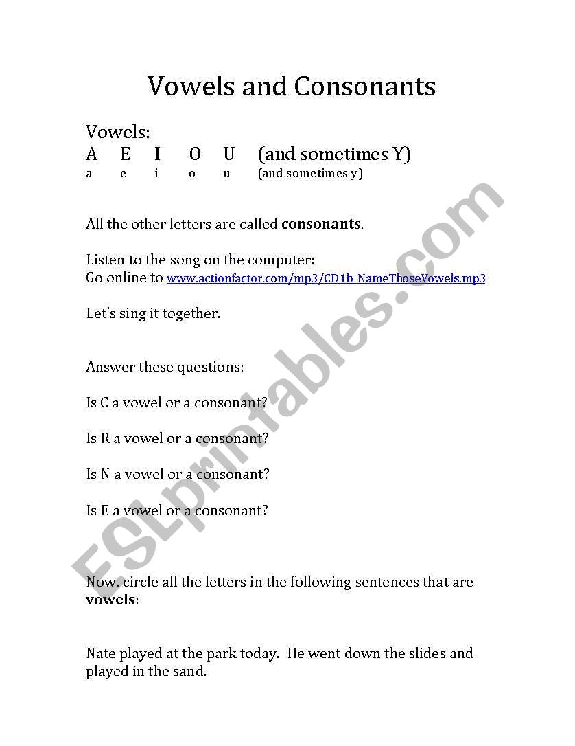 Vowels and Consonants worksheet