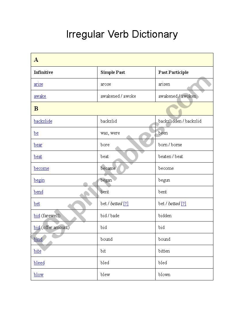 diccionari de verbos irregulares