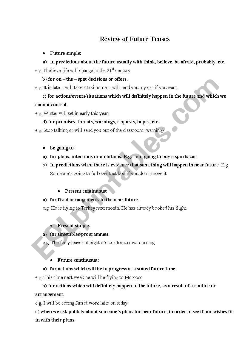 Review of future tenses worksheet