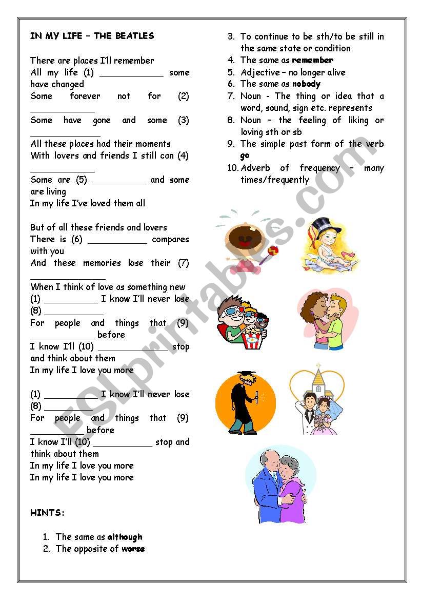 Im My Life (by The Beatles) - ESL worksheet by grazica