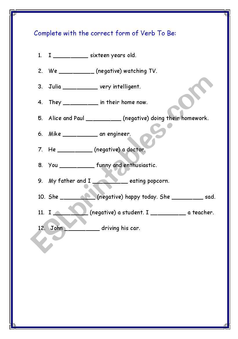 Complete using verb to be worksheet