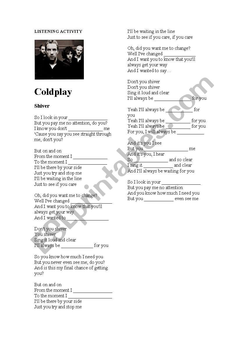 Coldplay: Shiver  worksheet
