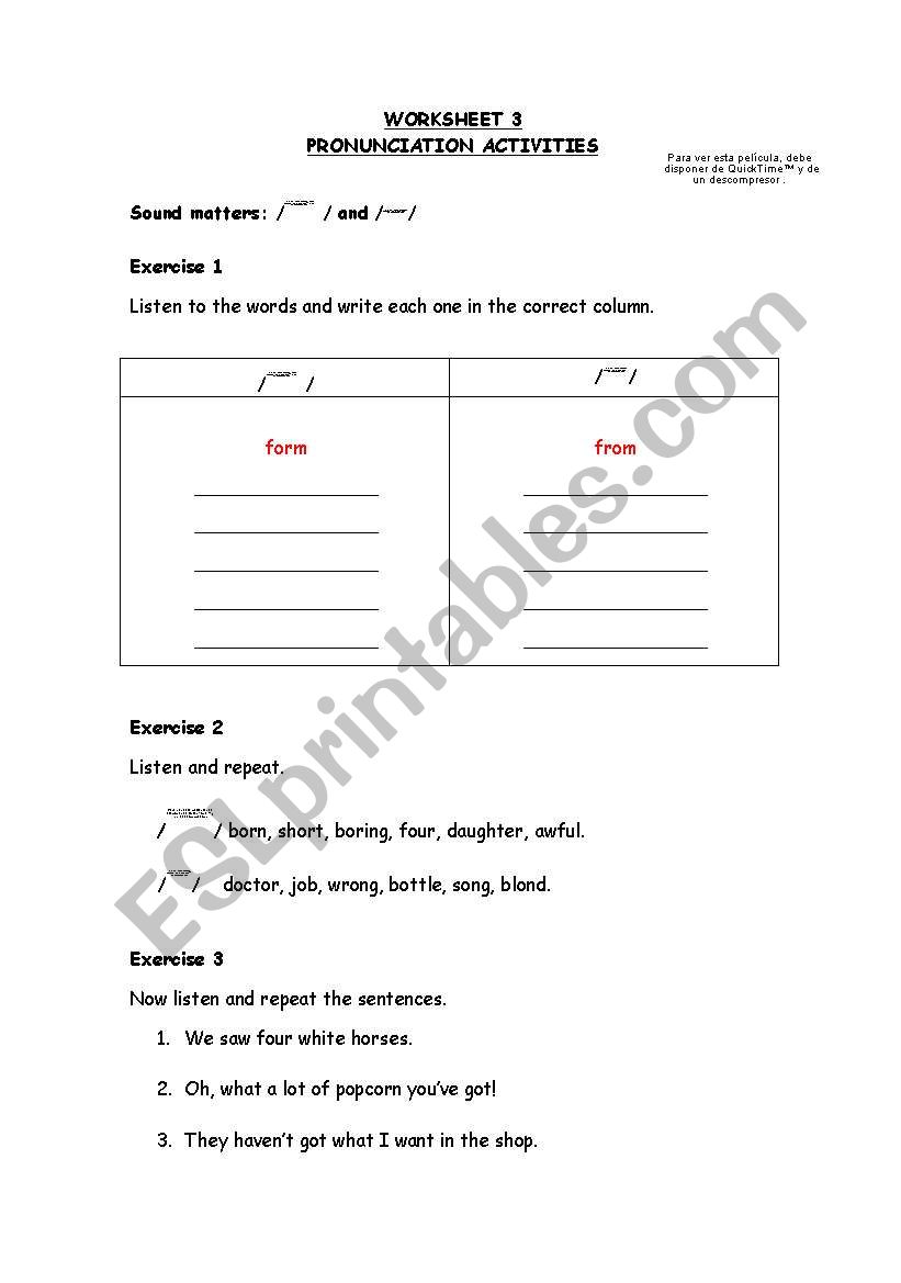 Pronunciation activities. Worksheet 3.