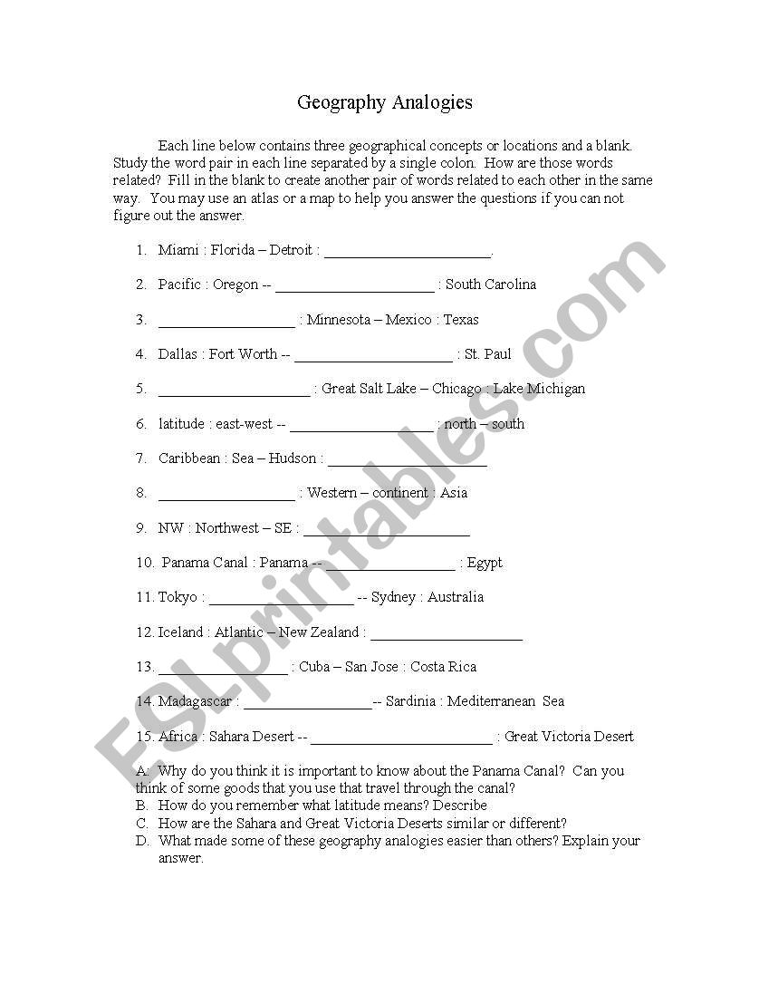 Geography Analogies worksheet