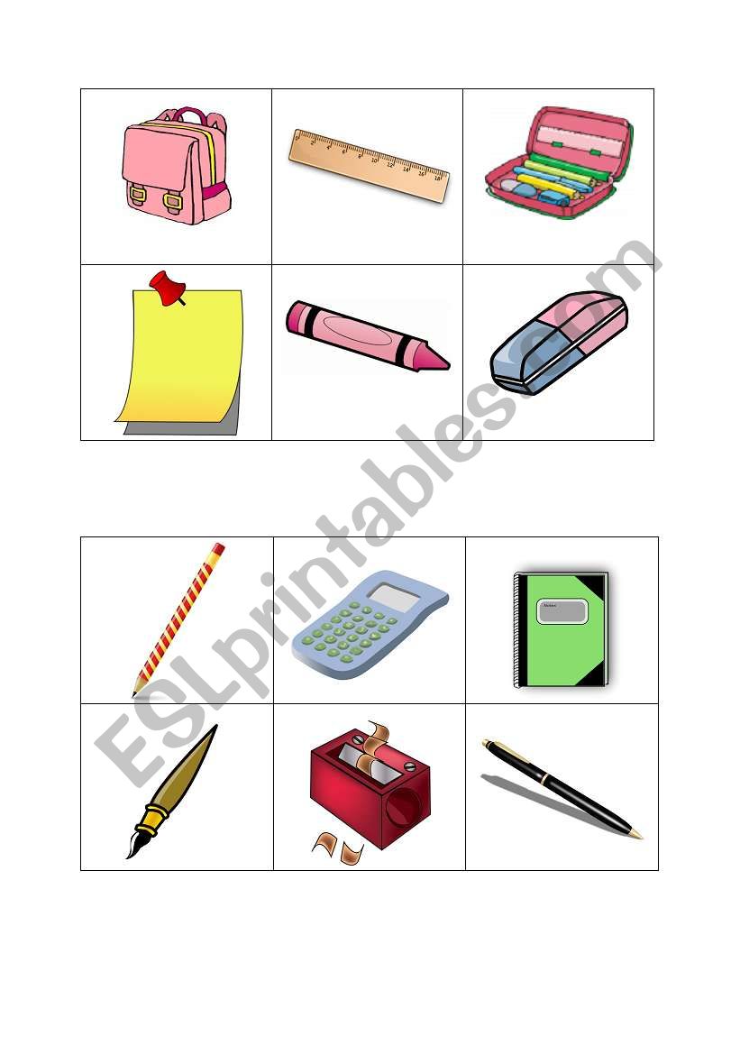 School supplies bingo cards part 1