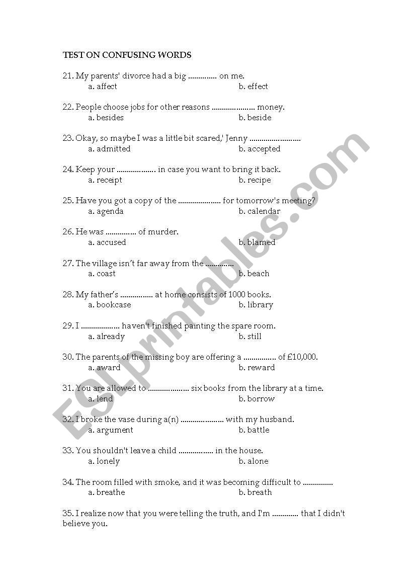 TEST ON CONFUSING WORDS worksheet