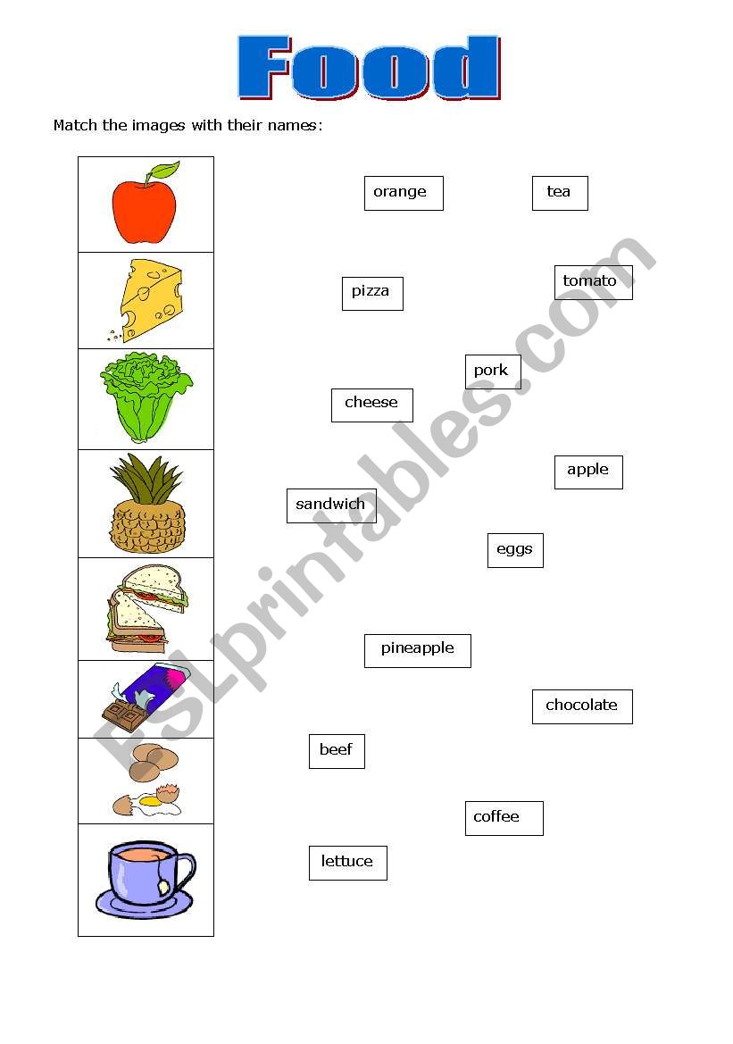 Food vocabulary matching worksheet