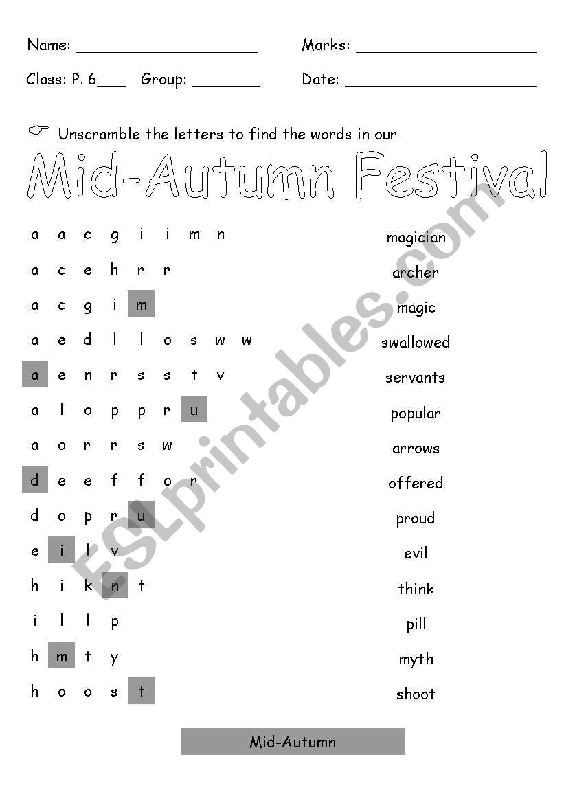 Anagram (Mid-Autumn) worksheet