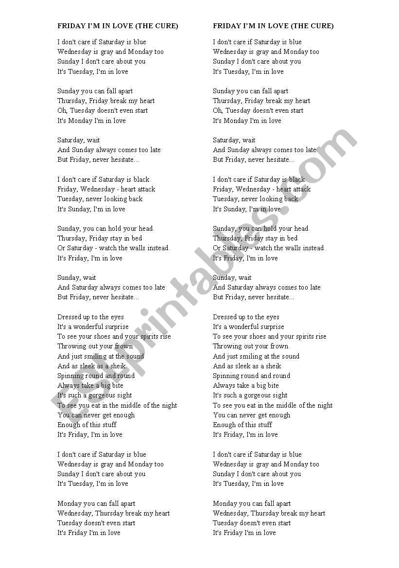 English worksheets: Song Friday I´m in Love (by The Cure)