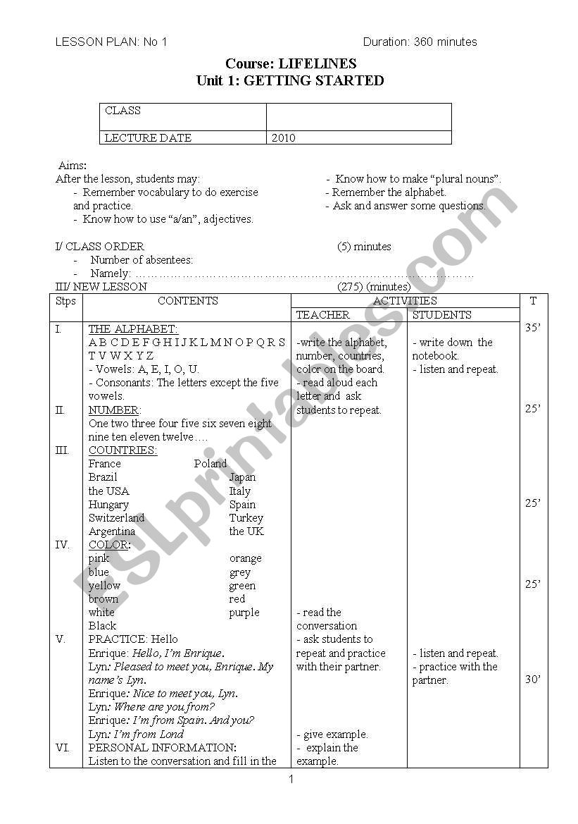 lesson plan lìelines worksheet