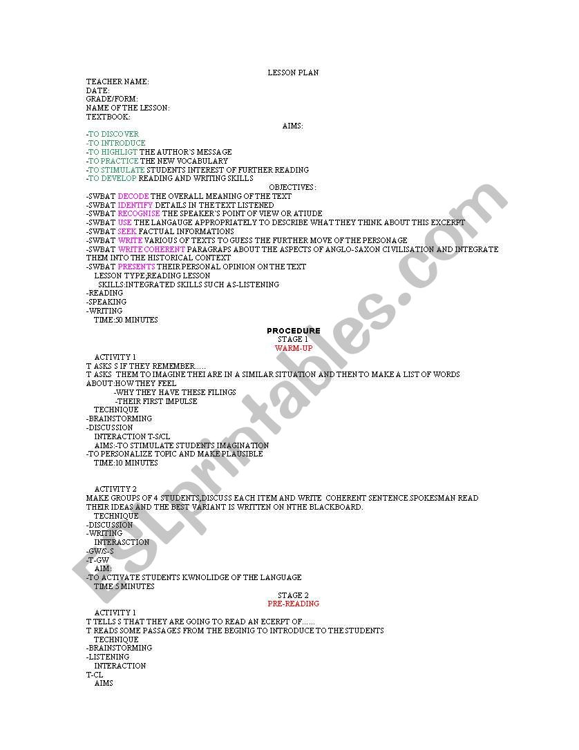 lesson plan-basic procedure worksheet