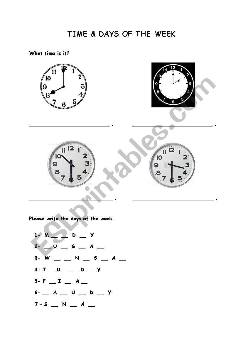 time & days of the weeks worksheet