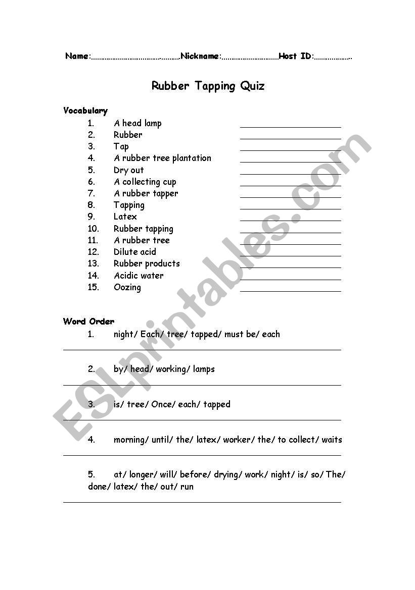Rubber Tapping Quiz worksheet