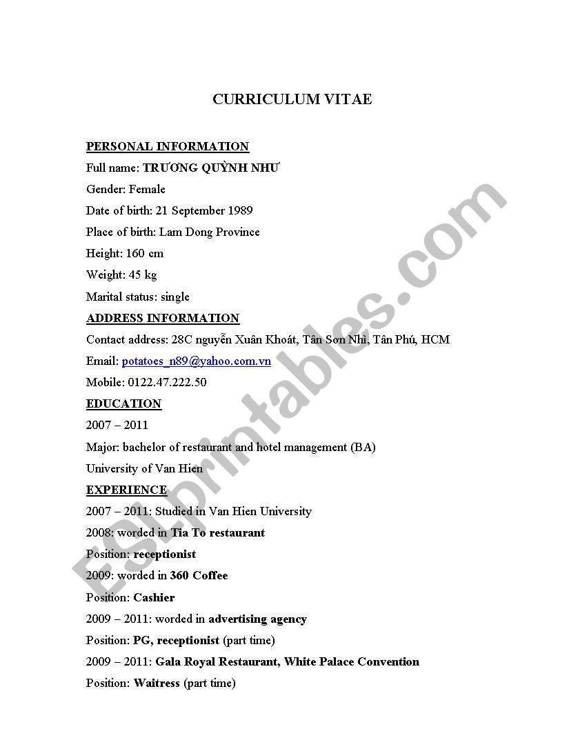 cv english worksheet