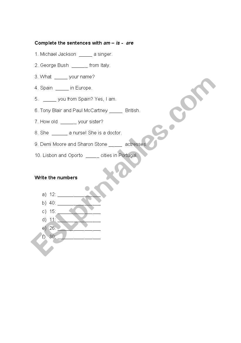 verb to be worksheet