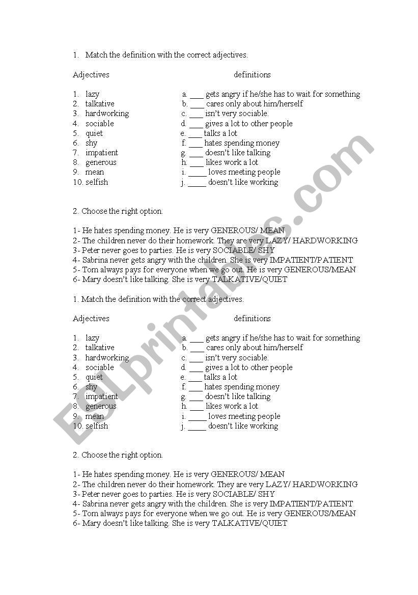 Personality adjectives worksheet