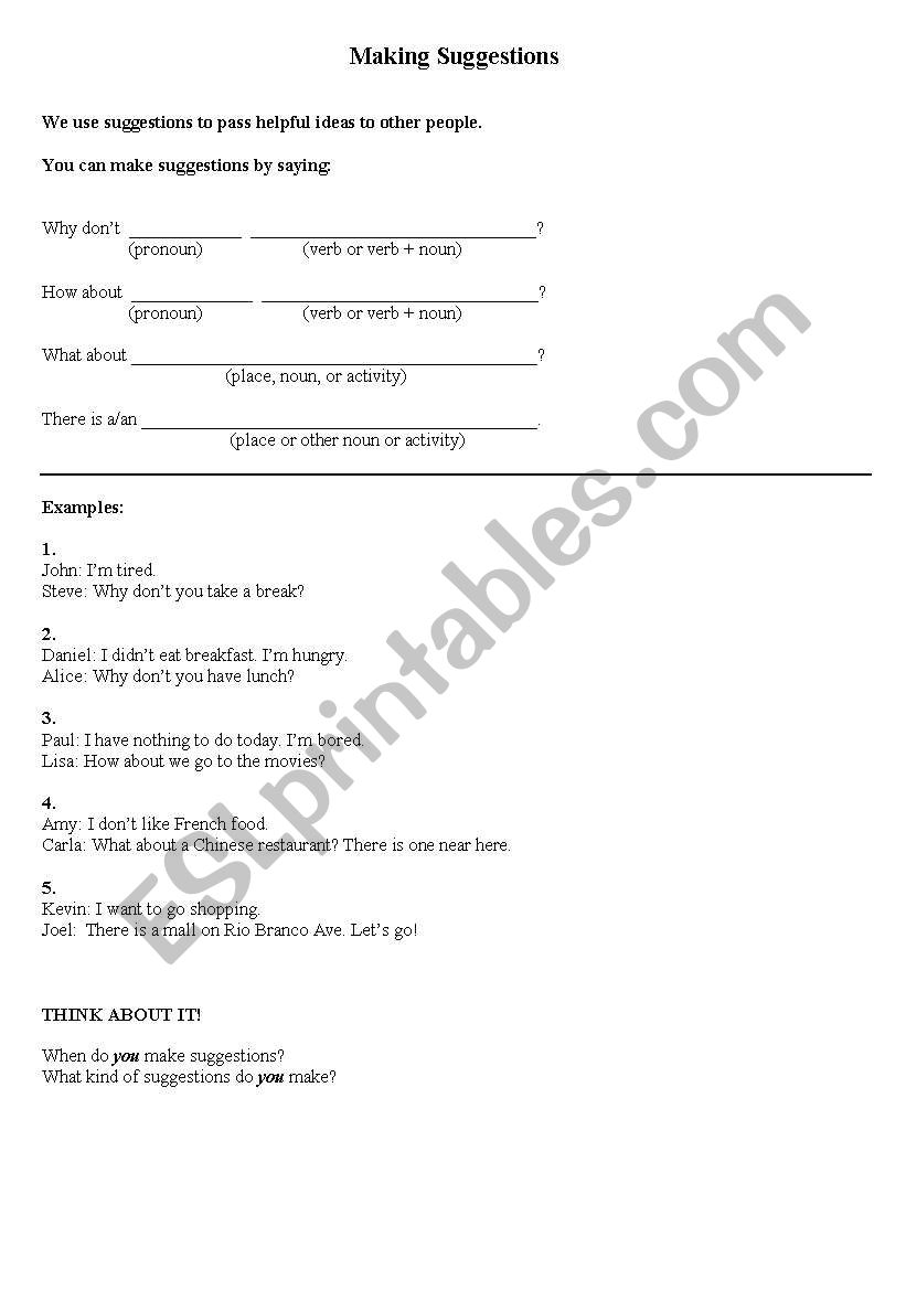 Making Suggestions worksheet