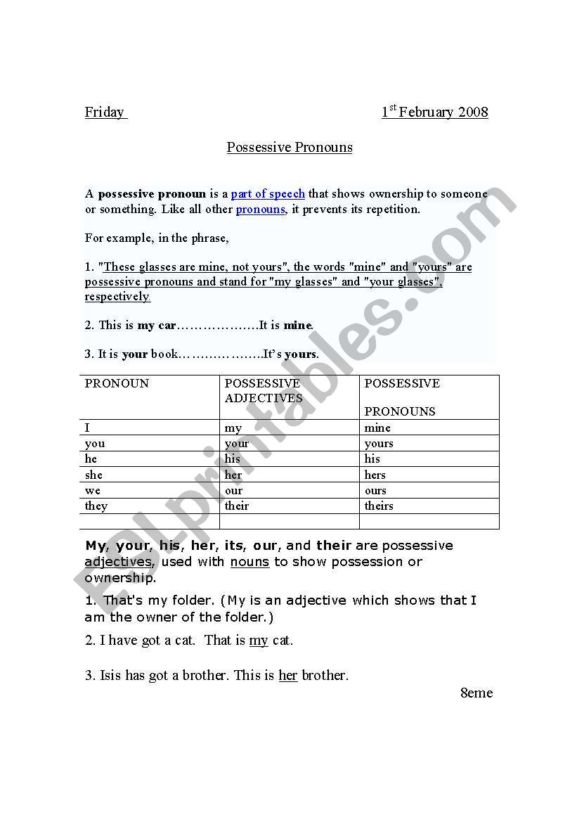 Possesive Pronouns worksheet