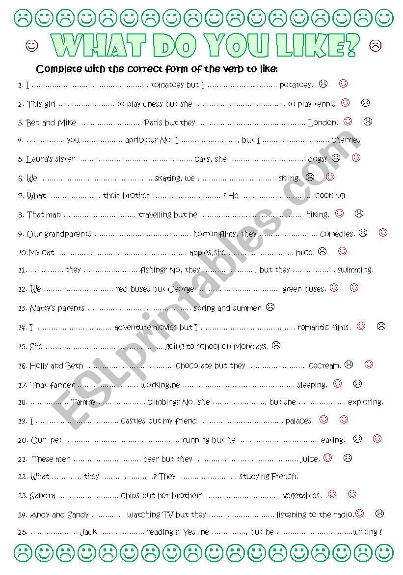 the verb to like worksheet