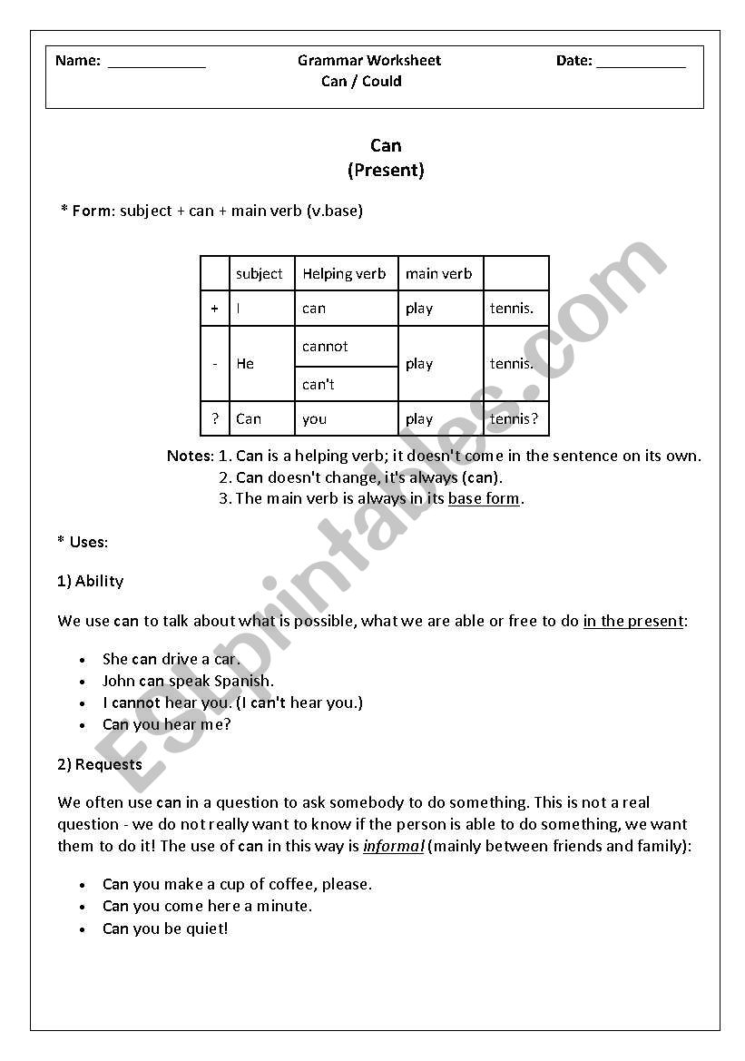 can/could worksheet
