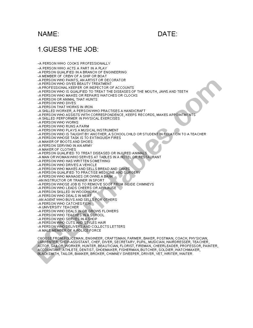 Jobs worksheet