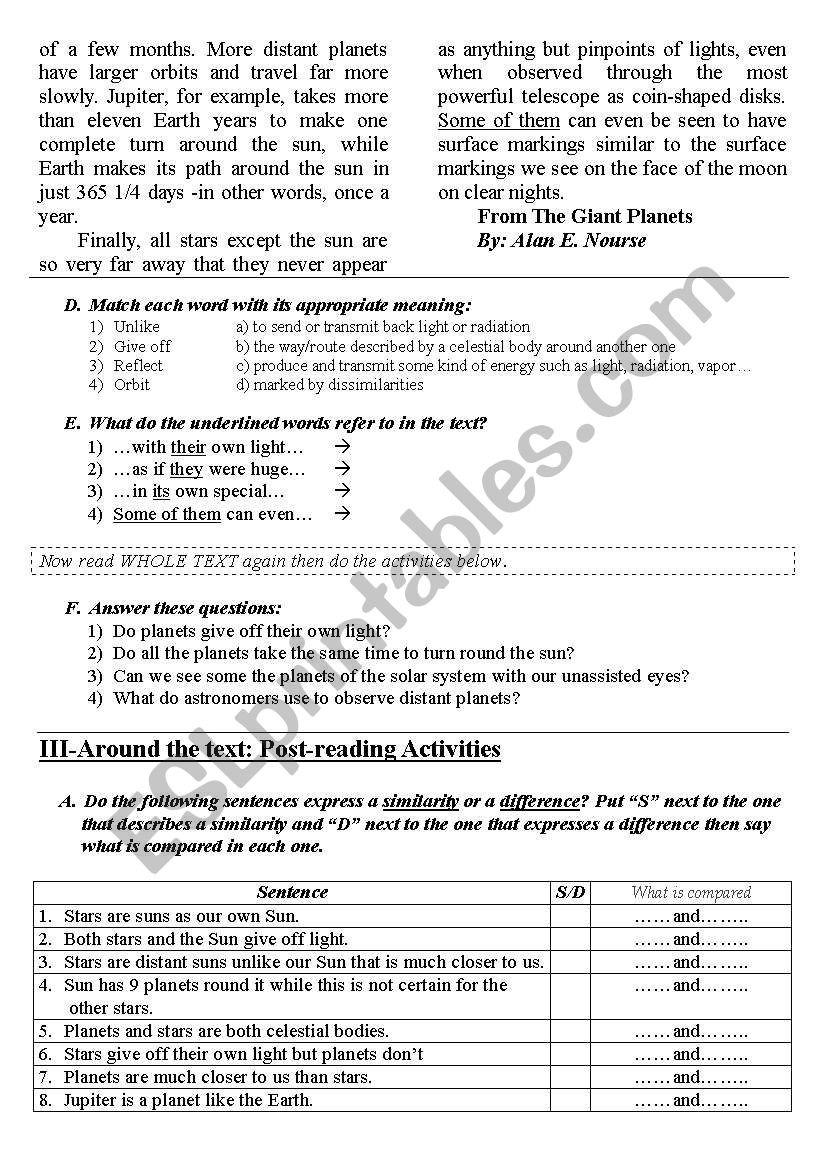 Astronomy Compare And Contrast Author Bouabdellah Esl Worksheet By Goodnesses