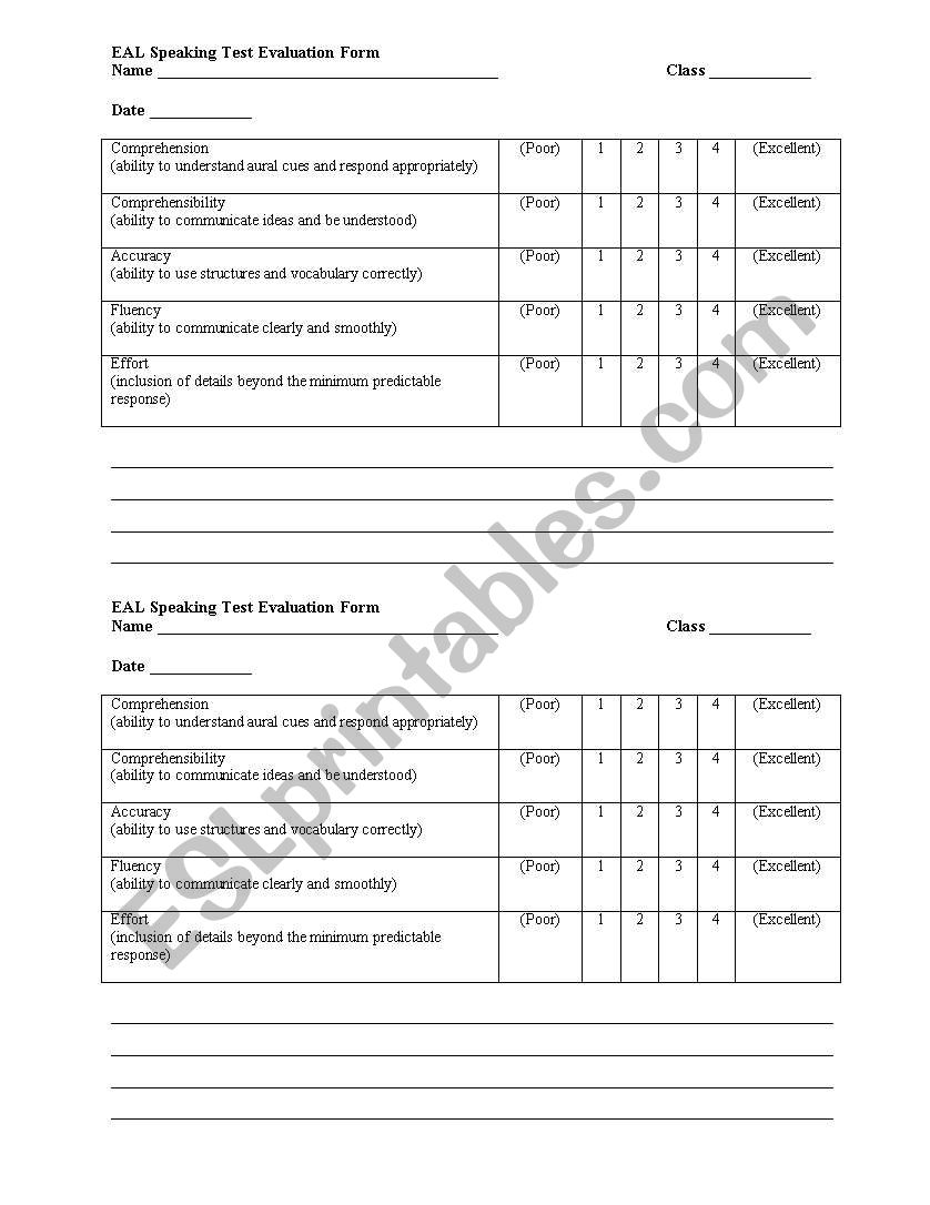 EAL Speakign Test Sheet worksheet