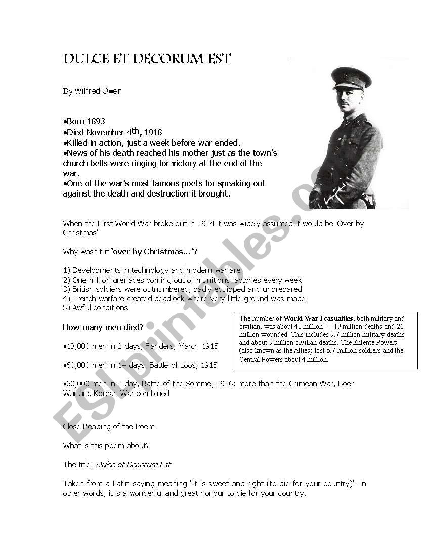 Year 10 War Poetry worksheet